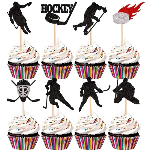 Vista 11 de 24 piezas de decoración de hockey para cupcakes, jugadores de hockey con purpurina negra, para cupcakes, hockey sobre hielo, temática deportiva