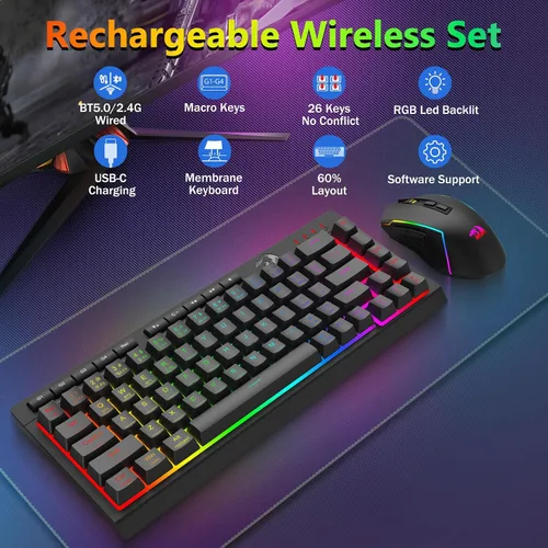 Vista 2 de Redragon Combo de teclado y mouse inalámbricos para juegos, Bluetooth/2.4G/USB-C con cable, retroiluminación RGB, teclado de membrana macro