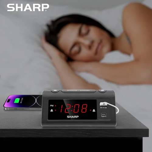 Vista 5 de Reloj de Alarma Sharp para Dormitorios, Carga USB-C Super Rápida y Carga USB de 2 Amperios Rápida, 2 Alarmas, Atenuador de 3 Pasos, Función Reposo