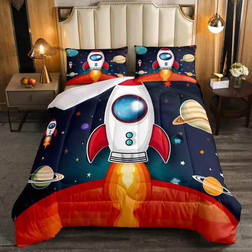 Vista 6 de Juego de edredón espacial para niños, 2 piezas, estampado de cohetes espaciales, tamaño individual, con funda de almohada, relleno de edredón