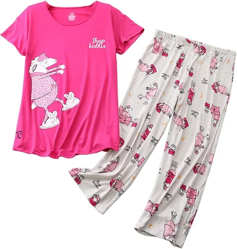 Vista 17 de ENJOYNIGHT Conjuntos de pijama de algodón para mujer, pijamas de verano con pantalones capri, ropa de dormir Gato negro
