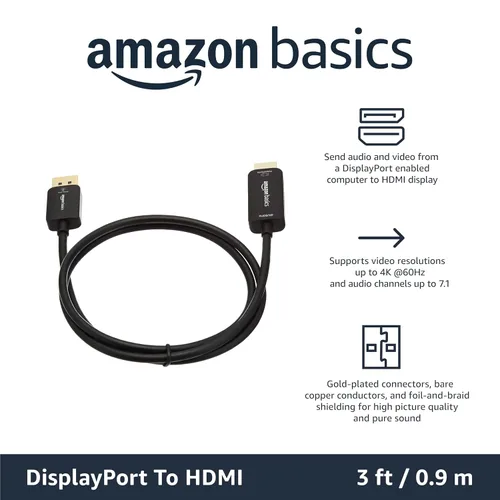 Vista 2 de Amazon Basics Cable DisplayPort a HDMI, unidireccional, de computadora a pantalla, video y audio, 1080p, 1920x1200, 4K @60Hz, enchufe chapado