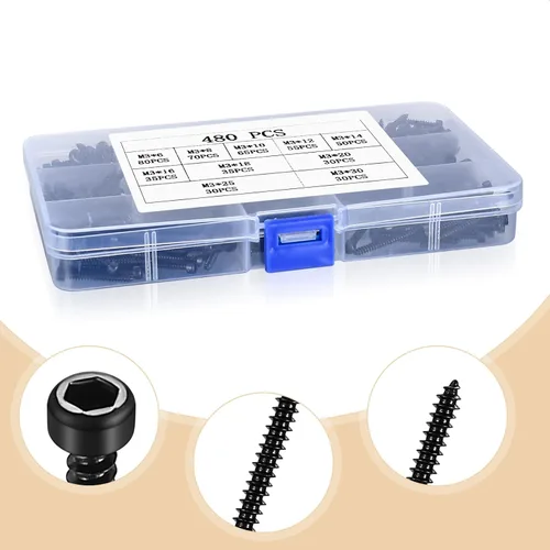 Vista 3 de Tornillos autorroscantes de cabeza hexagonal métrica, kit de surtido de 480 piezas de tornillos de cabeza hexagonal M3 de acero inoxidable, 480 negro
