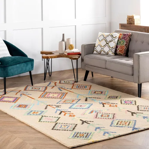 Vista 21 de NuLOOM Belini Alfombra de lana con acento a mano, 2 pies x 3 pies, color marfil Nuloom Belini Trellis - Alfombra de lana para sala de estar