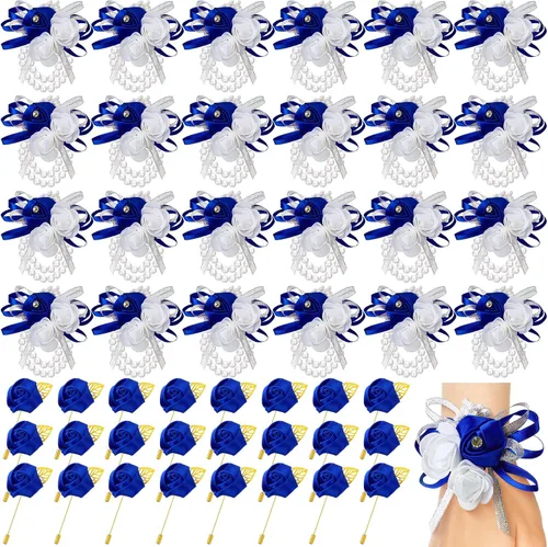 Vista 8 de Tigeen Juego de 24 ramilletes de muñeca y boutonniere para hombre, ramillete de muñeca de boda, flor de mano para madre de novia, novia, decoración