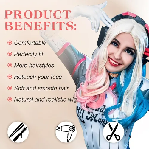 Vista 2 de Harley Quinn Peluca larga rosa y azul para mujer, peluca de cosplay, peluca de Halloween, fiesta, espectáculo, uso diario, peluca de fibras