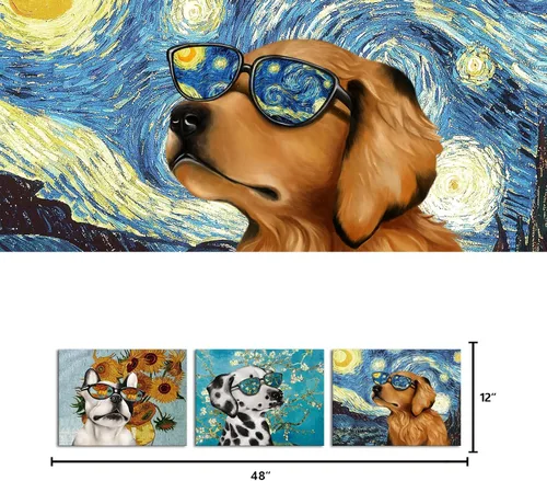 Vista 5 de Visual Art Decor Cuadro creativo de perro para decoración de pared, Van Gogh Noche estrellada, girasol, girasol, impresiones en gafas de sol