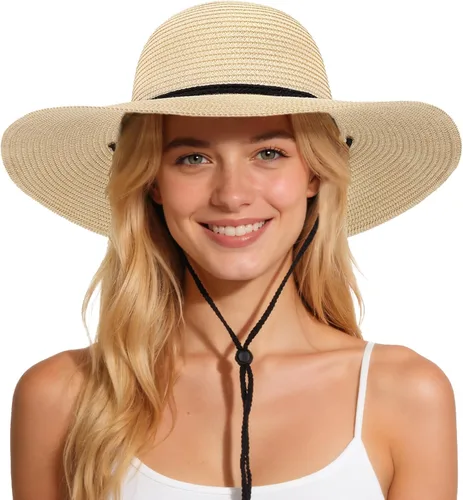 Vista 13 de Sombreros de sol para mujer, sombrero de playa de paja de ala ancha de Beige claro