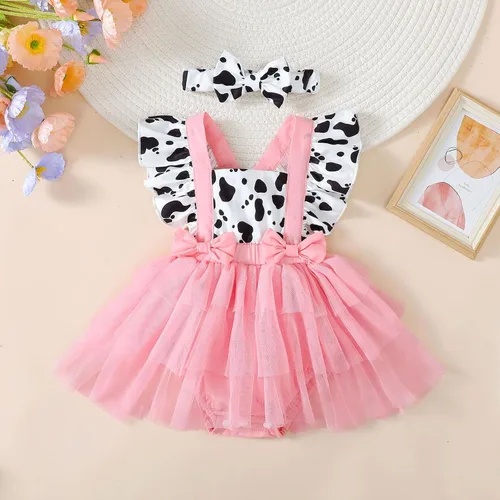 Vista 2 de Ropa de verano para bebé recién nacida, manga con volantes, vestido de tul para princesa, cumpleaños, disfraz de vaca occidental