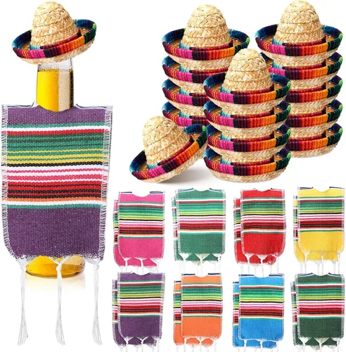 Vista 9 de Panitay 6 juegos de pequeños sombreros de sombrero, mini serapes para botellas, cubierta de poncho de cerveza, tapas de botellas para decoración