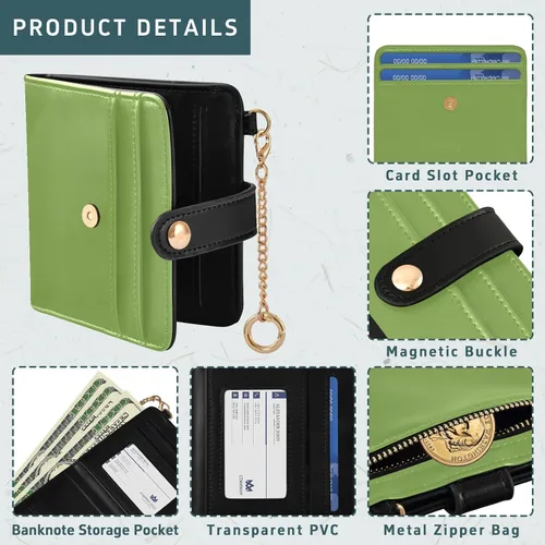 Vista 5 de Greenery Slim Wallet for Women RFID Blocking Bifold Card Holder with Zipper Coin Pocket, ID Window