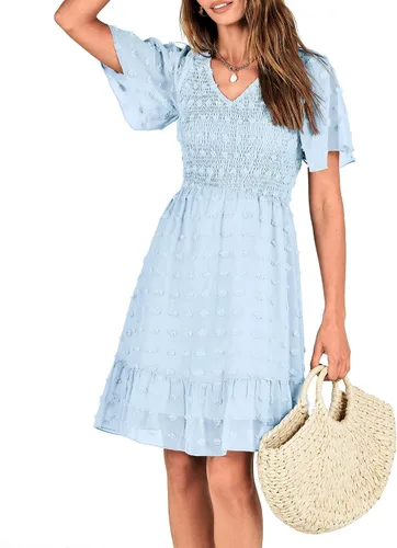 Vista 7 de BTFBM - Vestido de vacaciones en la playa para mujer, cuello en V, manga corta, fruncido, plumetí, casual, con volantes,vestidos cortos