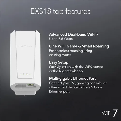 Vista 7 de NETGEAR Extensor de alcance WiFi 7 (EXS18) - Extensor de rango de señal de Internet inalámbrico de doble banda BE3600 (hasta 3.6 Gbps de velocidad)