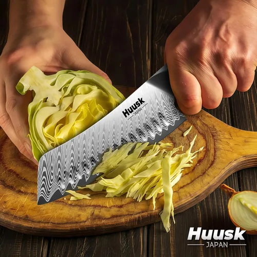 Vista 4 de Huusk - Juego de cuchillos japoneses de 3 piezas, juego de cuchillos de chef de acero inoxidable con funda y mango ergonómico de resina, cuchillos
