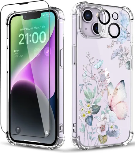 Vista 11 de Funda para iPhone 14, [3 en 1] con protector de pantalla y protector de lente de cámara, diseño de patrón de flores, transparente, suave, a prueba