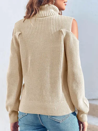 Vista 3 de Langwyqu Suéteres de cuello alto y hombros descubiertos para mujer, de gran tamaño, sexy, de manga larga, suéter de punto acanalado