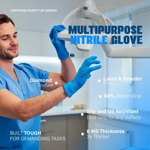 Vista 6 de London Labs Guantes de nitrilo azules resistentes de 6 mil desechables, libres de látex y polvo, extra elásticos, seguros para fentanilo Guantes