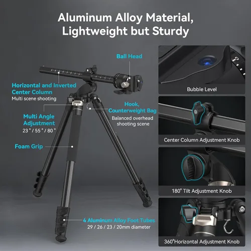 Vista 4 de SmallRig CT200 72.8"/200cm Trípode Horizontal Elevado para Cámara con Soporte para Smartphone y Bolsa de Transporte, Carga Máxima 33lb Trípode