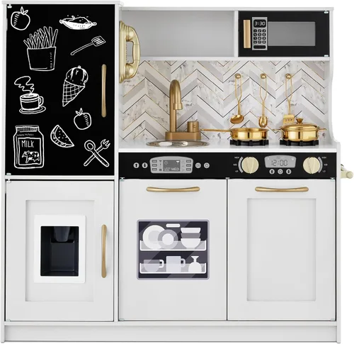 Vista 13 de Best Choice Products - Juego de cocina de madera para niños, juego de cocina con fregadero, horno, microondas, refrigerador, máquina de hielo y Negro