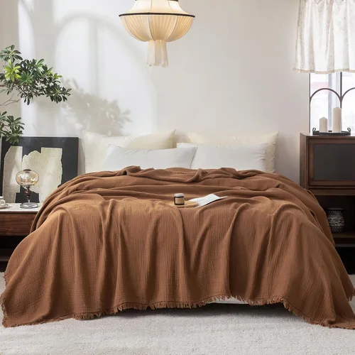 Vista 32 de FOSSA Manta de Muselina con Flecos - Gasa de Algodón 100% de 4 Capas Súper Suave y Transpirable - Manta Decorativa Ligera y Refrescante para Cama