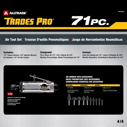 Vista 7 de Kit de herramientas de aire y accesorios Trades Pro, 71 piezas, llave de impacto, carraca de aire, amoladora de ángulo, martillo de aire, accesorios
