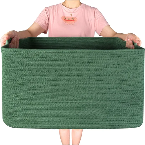 Vista 9 de MINTWOOD Design Canasta de Manta Extra Grande de 22 Pulgadas para Sala de Estar, Canasta de Almacenamiento de Cuerda Tejida Rectangular con Asas