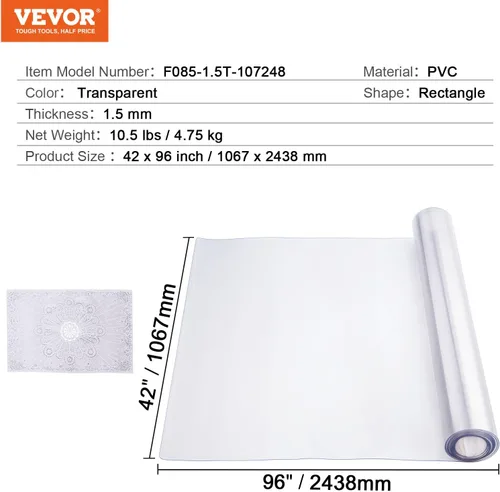 Vista 8 de VEVOR Plastic Table Cover, 42 x 96 Inch 1.5 mm Thick Clear Rectangle PVC Desk Mat Protector, Waterproof & Easy Cleaning Desk Pad Tablecloth, for