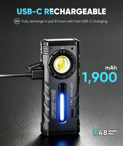 Vista 5 de ZF8324 Linterna recargable, linterna brillante de 2000 lúmenes, linterna de bolsillo con blanco, cálido, RGB y UV dual, linterna plana EDC con base