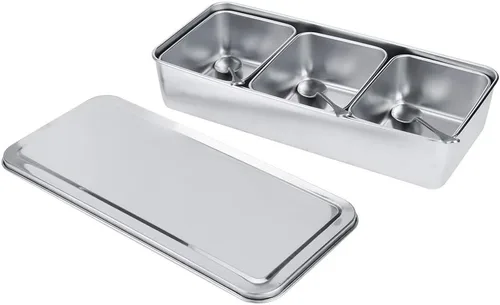 Vista 9 de Caja de condimentos, 3 rejillas de acero inoxidable, contenedor de almacenamiento de condimentos para condimentos con cubierta y cuchara