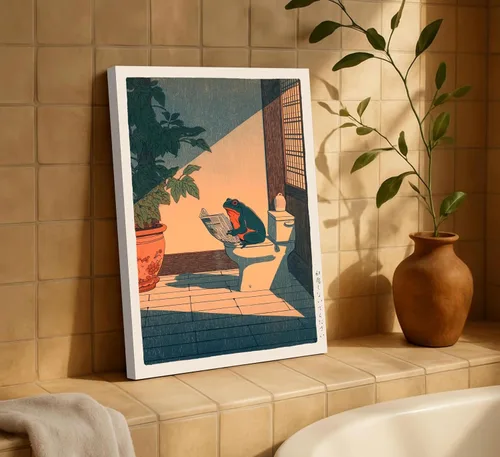 Vista 7 de Divertido lienzo de rana para pared, póster japonés para baño, impresión de animales vintage en el inodoro, lectura de periódicos, pintura japonesa