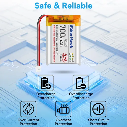 Vista 4 de MakerHawk Batería Lipo de 3,7 V 700 mAh Batería recargable de polímero de litio 603040 Micro Ph1.25 Conector Circuito de protección integrado
