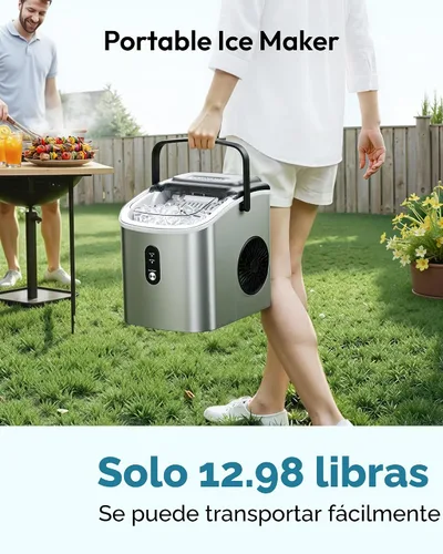 Vista 4 de EUHOMY Máquina de hielo para encimera, máquina de hielo portátil con asa de transporte, 26.5 libras por día, 9 cubos en 6 minutos, limpieza Plateado