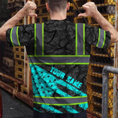 Vista 3 de Camisa de alta visibilidad de calavera con bandera de Estados Unidos para hombres, camisas de seguridad con nombre personalizado, ropa de trabajo