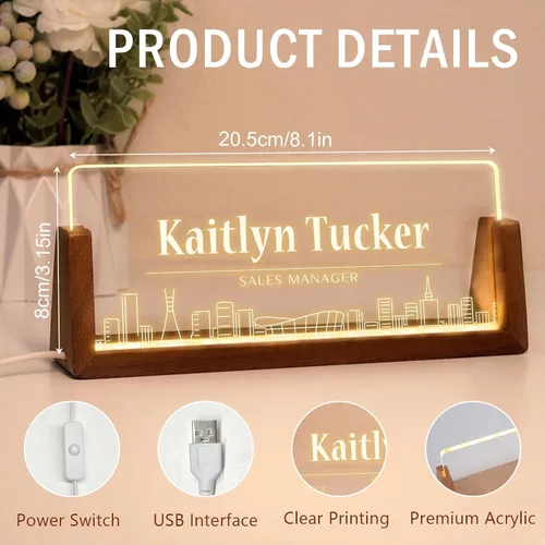 Vista 5 de Placa de nombre de escritorio personalizada, placa de identificación personalizada con luz de oficina para escritorios, decoraciones de escritorio