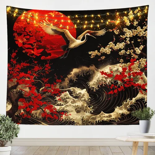 Vista 5 de Erosebridal Arte de pared de dragón oriental para colgar en la pared, estilo japonés, montaña, mar, océano, decoración de pared, tapiz impreso