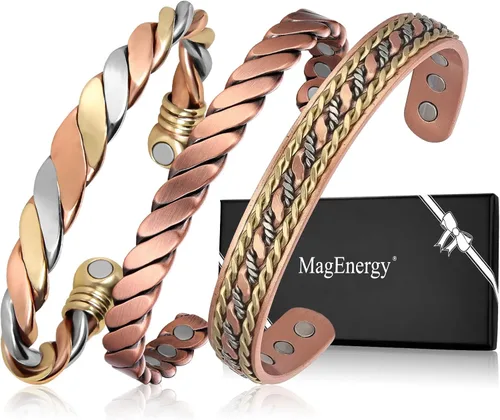 Vista 7 de MagEnergy Pulseras de cobre para mujeres y hombres, juego de 3 piezas, terapia magnética, pulsera hecha a mano 100% cobre, caja de regalo de joyería