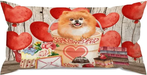 Vista 17 de Fundas de almohada lumbar con textura de madera rústica para perro en cubo, diseño de corazón rojo para el día de San Valentín, fundas de almohada