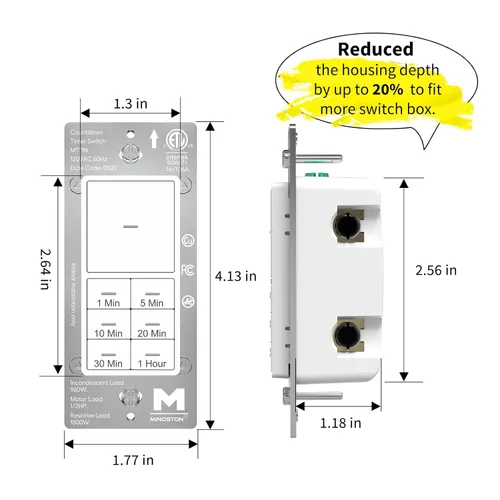 Vista 5 de Minoston Interruptor de luces de temporizador, 1-60 minutos, temporizador de pared de cuenta regresiva para ventiladores de baño, calentadores