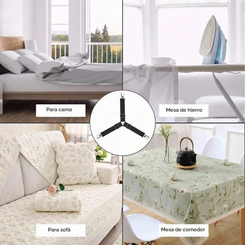 Vista 5 de Abrazaderas de sábana, tirantes en triángulo ajustable elástico, correas con clip para sábanas, fundas de colchón, almohadón de sofá