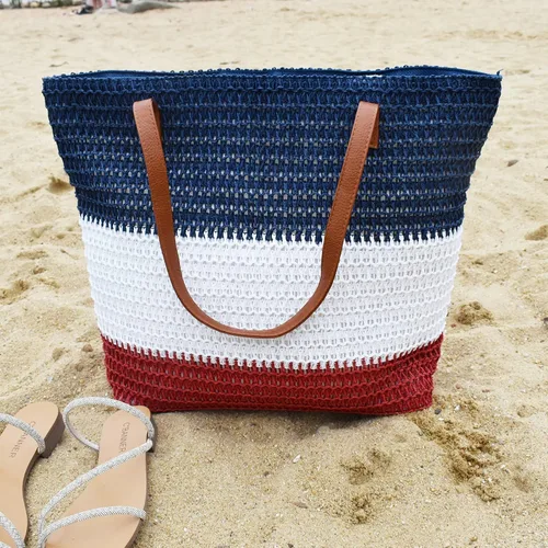 Vista 91 de Bolso grande de paja para mujer, tejido de ratán, bolso de playa de verano, a rayas
