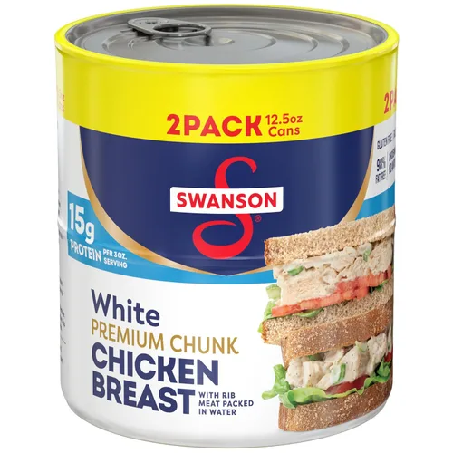 Vista 11 de Swanson 25% menos sodio, pechuga de pollo premium en agua enlatada en trozos blancos, lata de 12.5 OZ