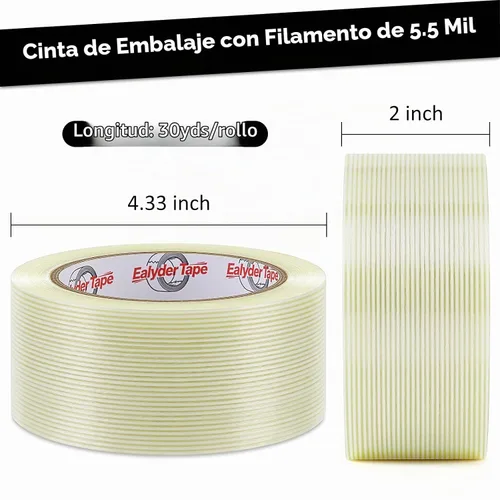 Vista 2 de Cinta de fibra de vidrio reforzada transparente de 2 pulgadas x 30 yardas, cinta de fleje de filamento de 5.5 mil, adhesivo resistente
