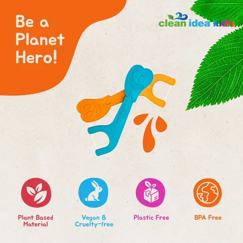 Vista 4 de EcoFlossers para niños, 200 unidades, hilo dental fácil de sujetar, hilo dental divertido y colorido para niños, hilo dental natural para niños