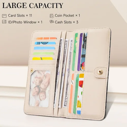 Vista 3 de Cartera delgada ultradelgada para mujer 3D de cuero con estampado de flores en relieve para mujer, cartera con bloqueo RFID, tarjetero plegable