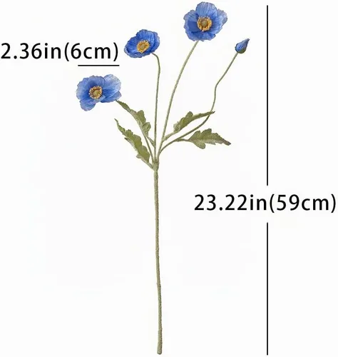 Vista 4 de DUYONE Flores artificiales 6 tallos ramo de seda de amapola, para boda, hogar, decoración de fiesta, arreglo de centro de mesa (azul)