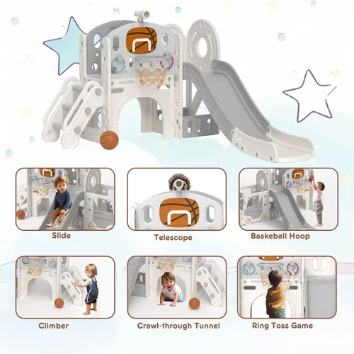 Vista 3 de YUFU Conjunto de Tobogán 9 en 1 para Niños Pequeños, Tobogán para Niños de 1-3 Años, Conjunto de Juegos para Niños Pequeños con Aro de Baloncesto