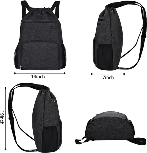 Vista 8 de Mochila con cordón con bolsillo para ropa húmeda y compartimento para zapatos, resistente al agua, para deportes, gimnasio, natación, bolsa