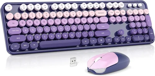 Vista 18 de MOWUX Combo de teclado y mouse inalámbricos, máquina de escribir de tamaño completo, teclado de computadora redondo retro, lindo mouse óptico, 2.4G