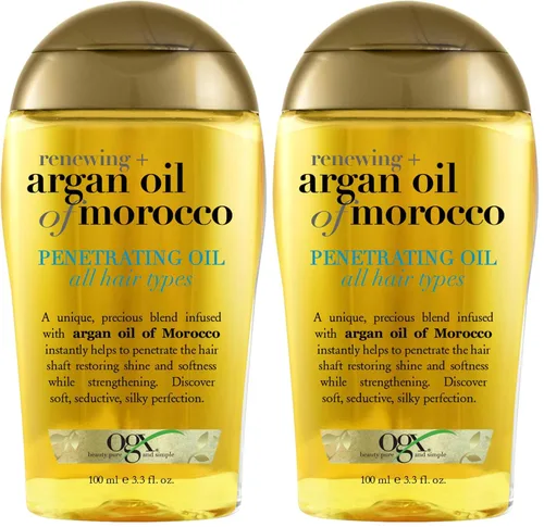 Vista 7 de OGX Aceite de argán renovador + de Marruecos, aceite de argán prensado en frío para tratamiento penetrante y brillo del cabello, aceite sedoso