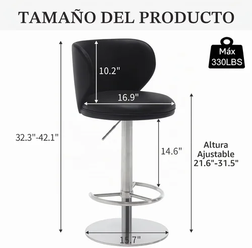 Vista 2 de RAINMOOD Taburetes de bar, taburetes de bar giratorios de acero inoxidable ajustables, silla de bar tapizada de piel sintética con respaldo